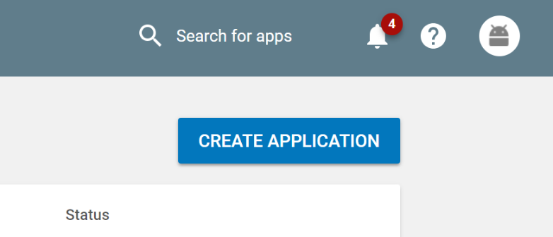 The Google Play Store Developer Console with the 'CREATE APPLICATION' button highlighted.